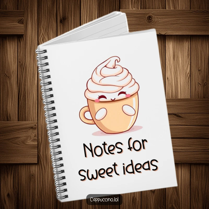 Funny winking cappuccino cup character offering a treat on a notebook cover, inspiring sweet ideas.