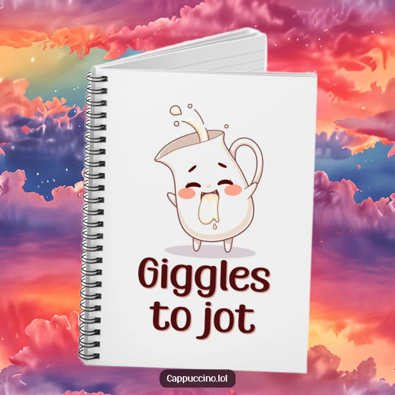 Funny milk pitcher notebook, mischievous character pouring giggles, playful journal, perfect humorous writing gift.