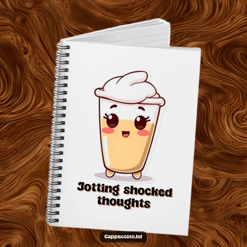 Funny Notebook cover featuring a happy espresso shot character with a comically surprised expression, inspiring creative writing.