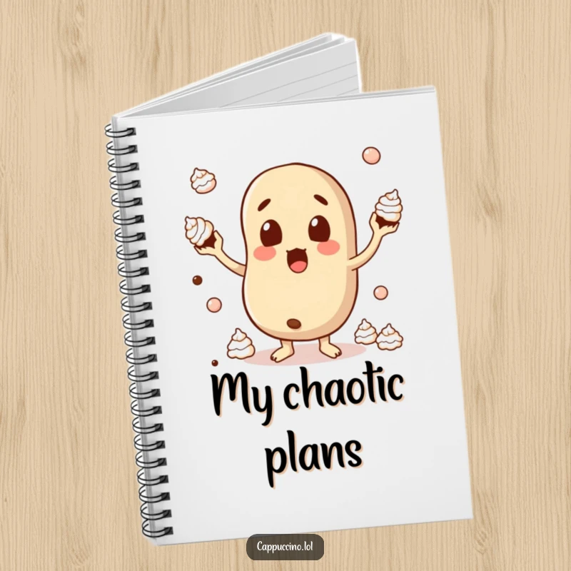 Funny Notebook cover with a surprised coffee bean character comically juggling whipped cream, ready for notes and ideas.