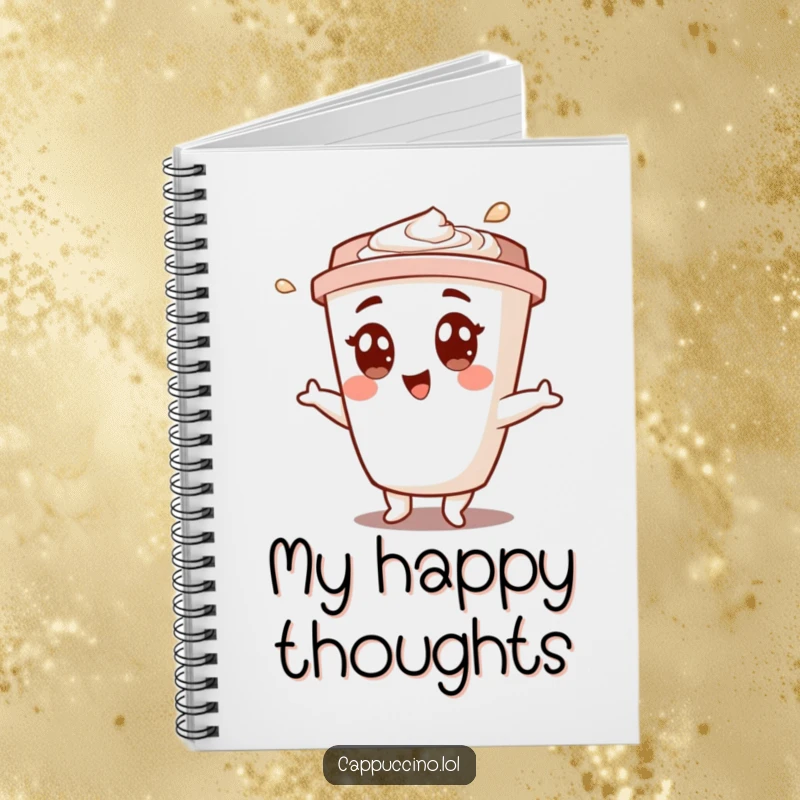 Funny notebook cover with a happy cappuccino cup character doing a joyful shimmy, encouraging creative thoughts and smiles.