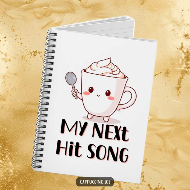 Funny notebook cover featuring a cappuccino cup character holding a tiny spoon like a microphone, for songwriting.