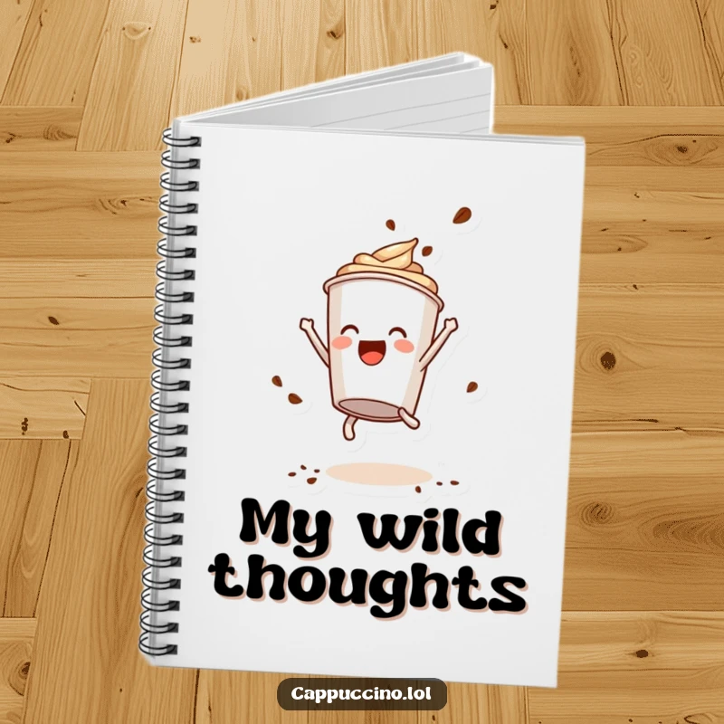 Funny Notebook: Delighted cappuccino cup character doing a somersault, coffee powder flying, for jotting down dynamic ideas.