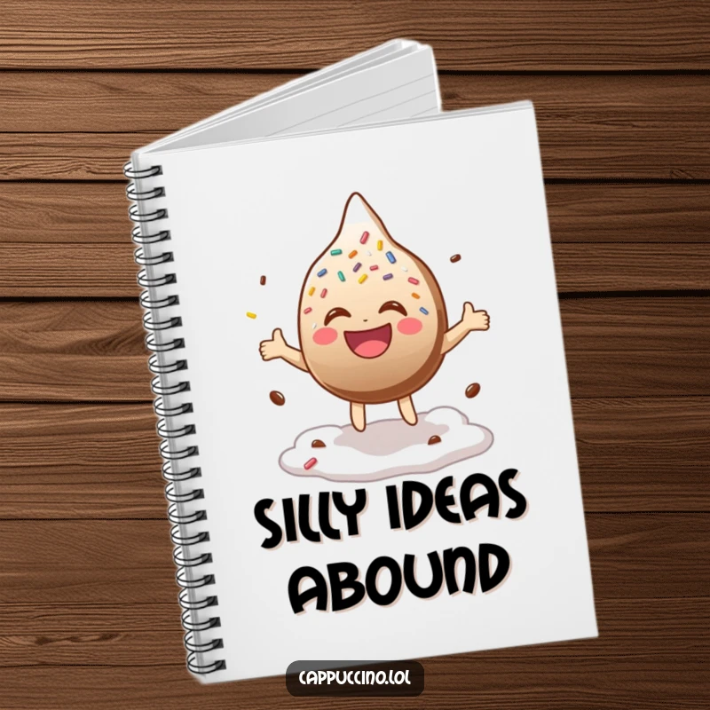 Funny Notebook cover featuring a laughing chocolate sprinkle character bouncing happily on coffee foam, inspiring joyful writing.