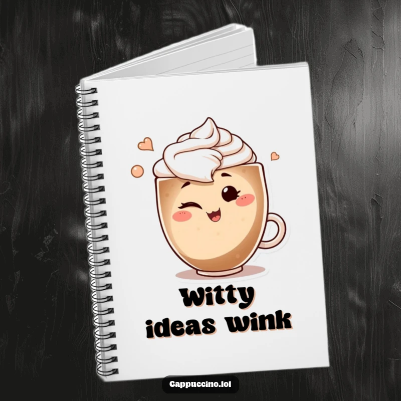 Funny notebook featuring a smiling cappuccino art swirl character winking playfully, ideal for journaling with personality.