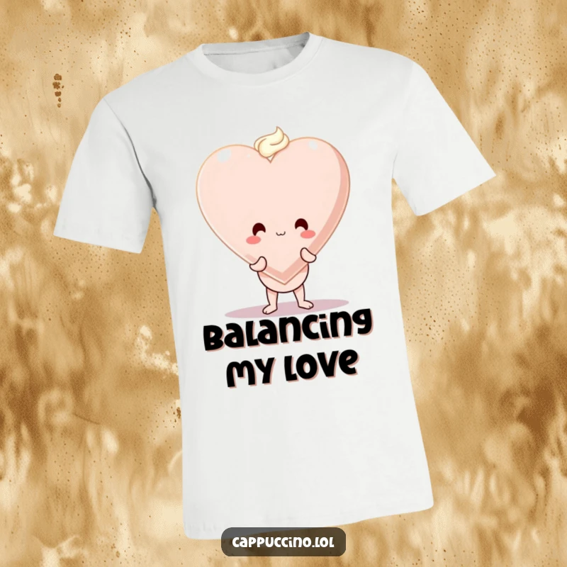 Funny t-shirt depicting a wobbly cappuccino cup character precariously balancing a large foam heart, symbolizing endearing affection.
