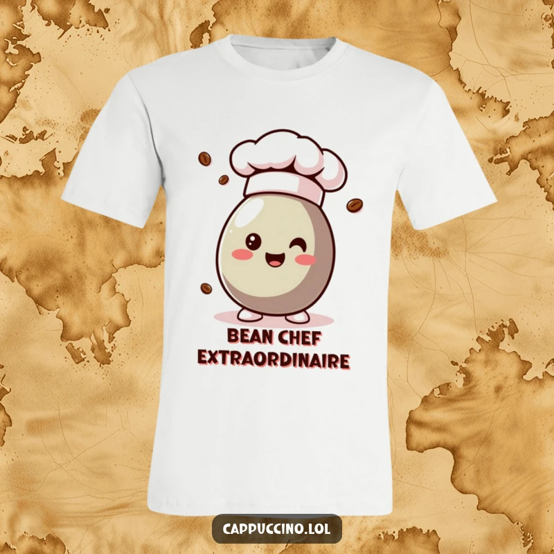 Funny coffee bean character with a chef hat, looking dapper on a comfortable t-shirt.