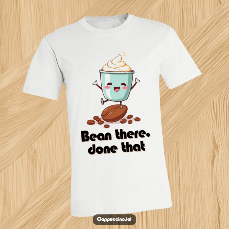 Funny t-shirt with a delighted cappuccino cup character leaping over coffee beans, expressing pure coffee joy.