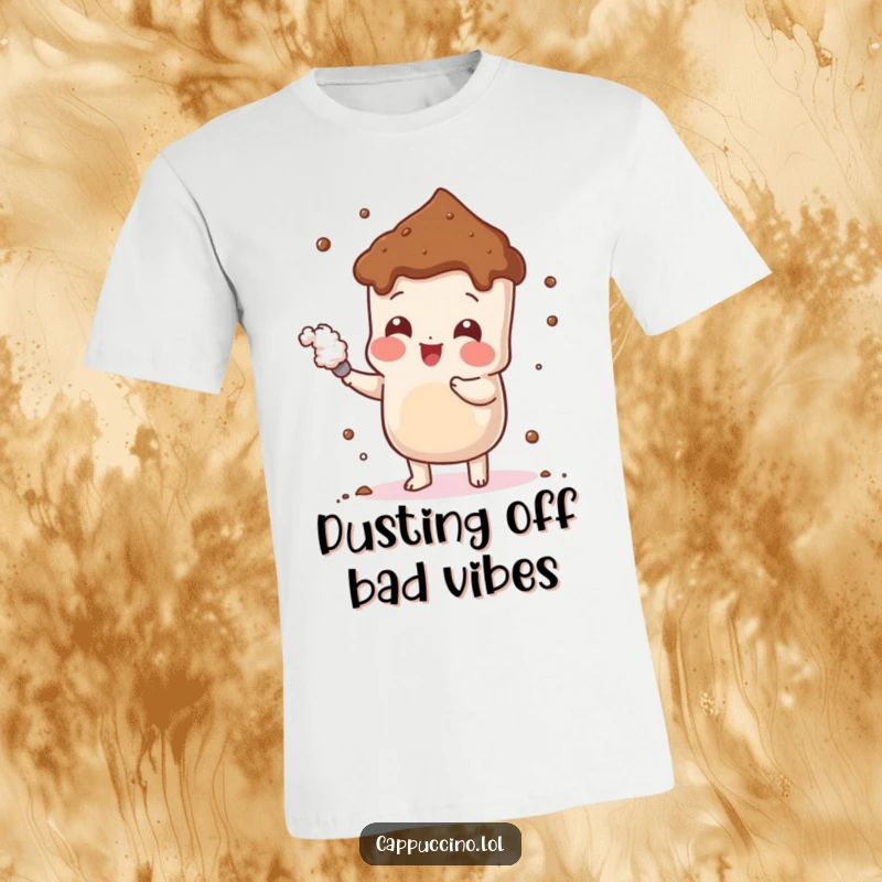 Funny Cheerful Cocoa T-Shirt depicting a smiling cocoa powder character dusting itself playfully with a cheerful demeanor.