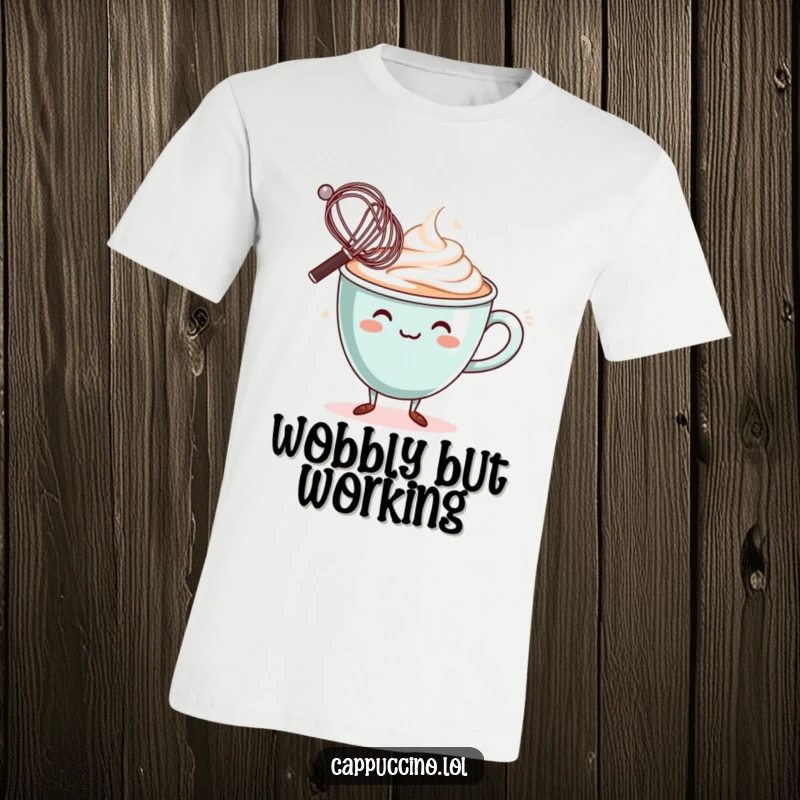 Funny T-Shirt: Wobbly cappuccino cup character, attempting to balance a miniature whisk on its rim, a moment of focus.