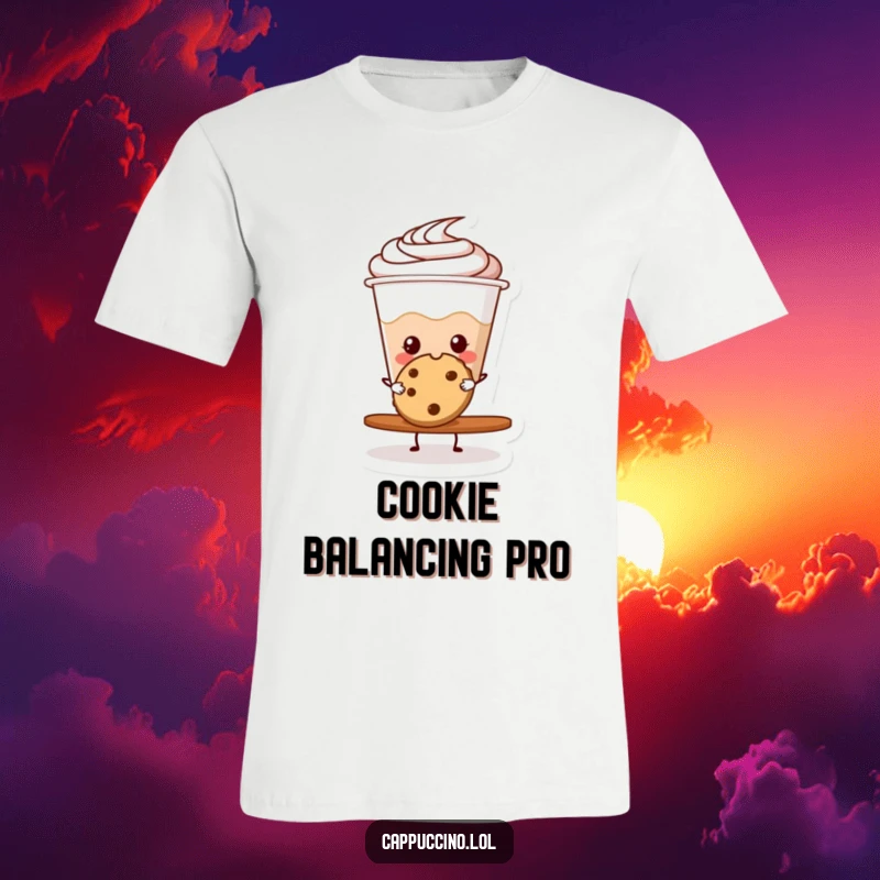 Funny cappuccino cup character balancing a cookie with a joyful expression on a comfy t-shirt.