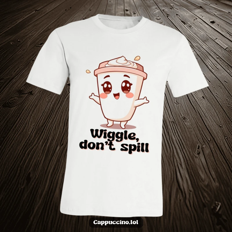 Funny t-shirt showing a happy cappuccino cup character performing a cheerful shimmy, celebrating movement and joy.