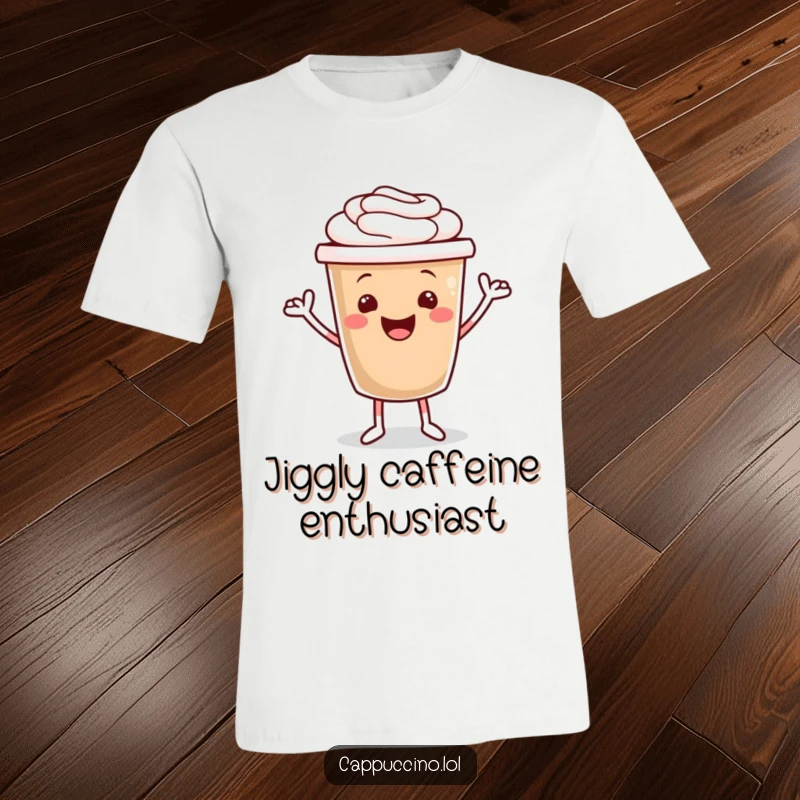 Funny t-shirt showcasing a happy cappuccino cup character with small arms doing a lively jig, radiating pure joy and energy.