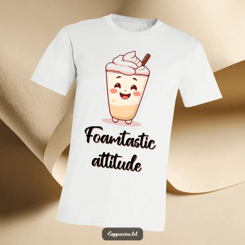 Funny t-shirt depicting a cheerful cappuccino foam character smiling broadly. Comfortable and charming.