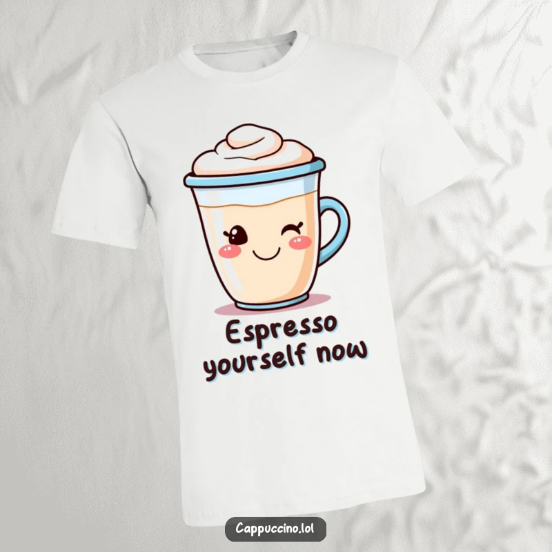 Funny cappuccino t-shirt with a smiling coffee cup character, complete with frothy foam art, exuding pure caffeinated happiness.