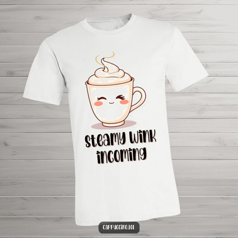 Funny t-shirt featuring a playful cappuccino cup character winking cheekily with steam puffing out.