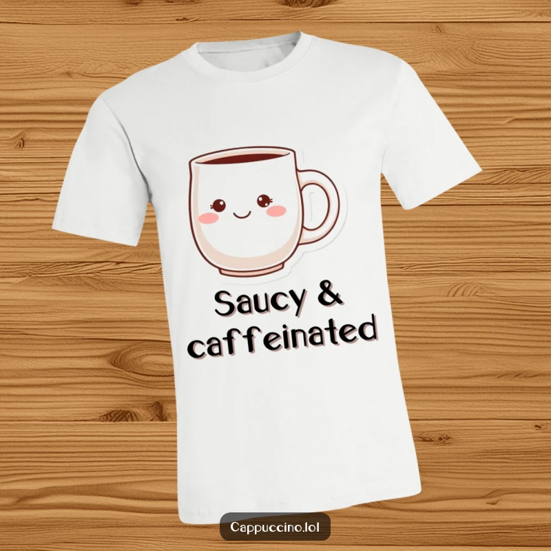 Funny Cheeky Grin T-Shirt showing a blushing ceramic mug character with a mischievous and playful grin.