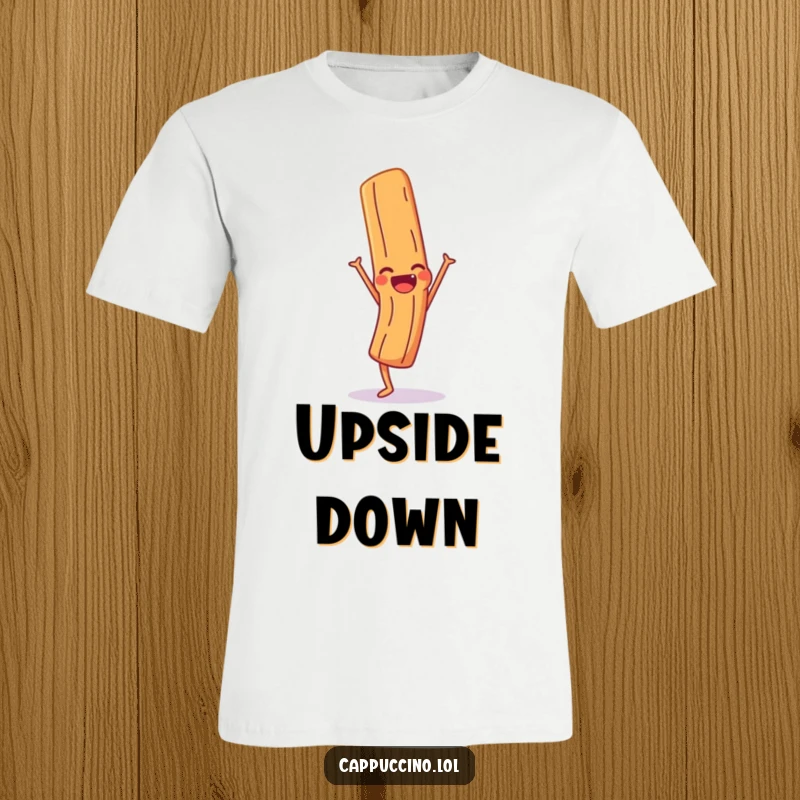 Funny T-Shirt depicting a giggling cinnamon stick character doing a handstand, showcasing flexibility and humorous spirit.