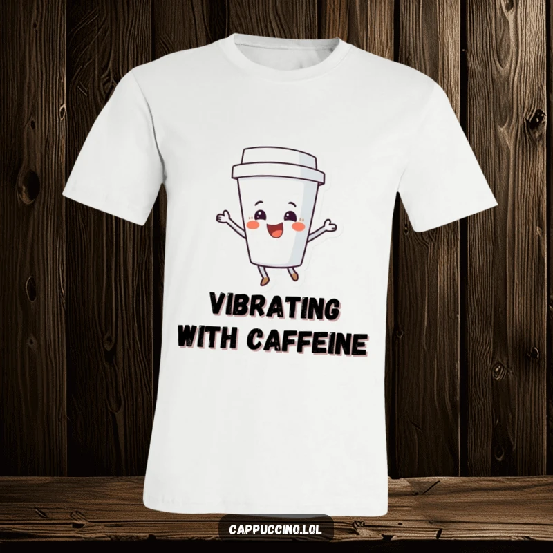 Funny Coffee Cup T-Shirt showing a delighted character grooving with a lively shimmy, embodying pure coffee-fueled happiness.