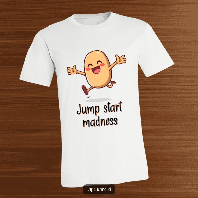Funny Daring Jump Bean T-Shirt showing a gleeful coffee bean character in mid-air, performing an exciting and daring jump.
