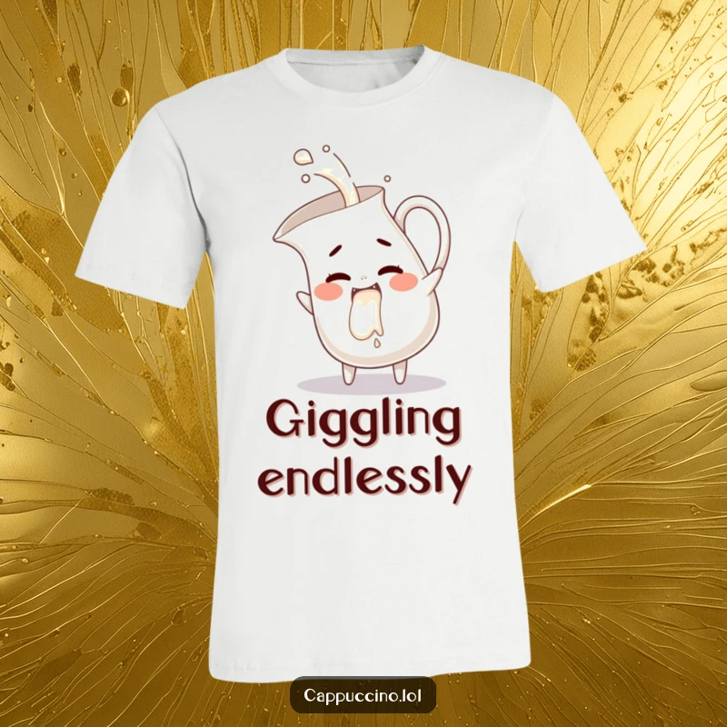 Funny milk pitcher t-shirt, mischievous character pouring giggles, playful and humorous, great funny gift idea.