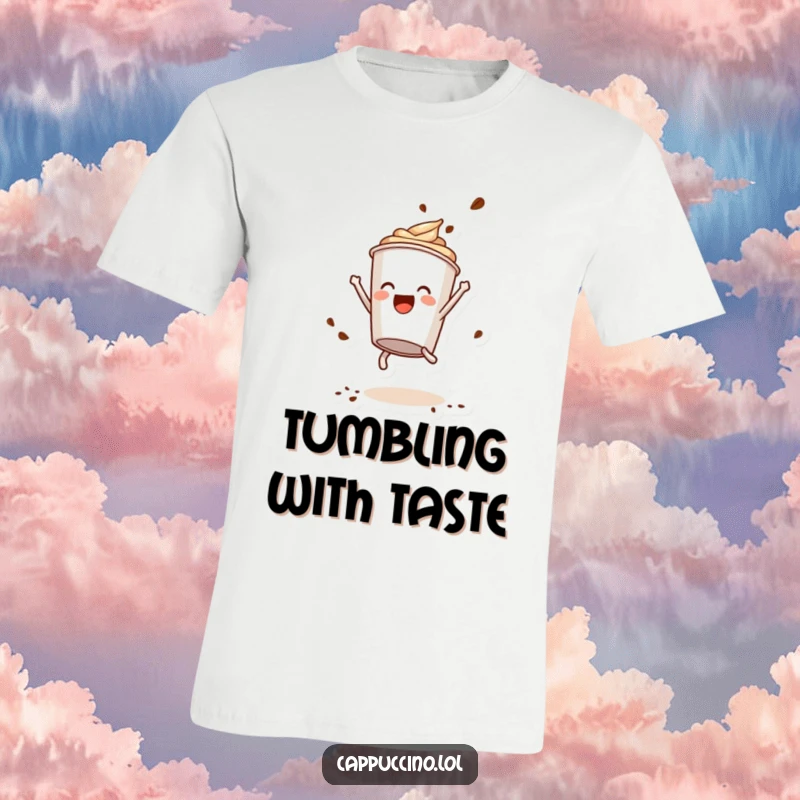 Funny T-Shirt: Delighted cappuccino cup character doing a playful somersault, coffee powder exploding, a burst of energetic fun.