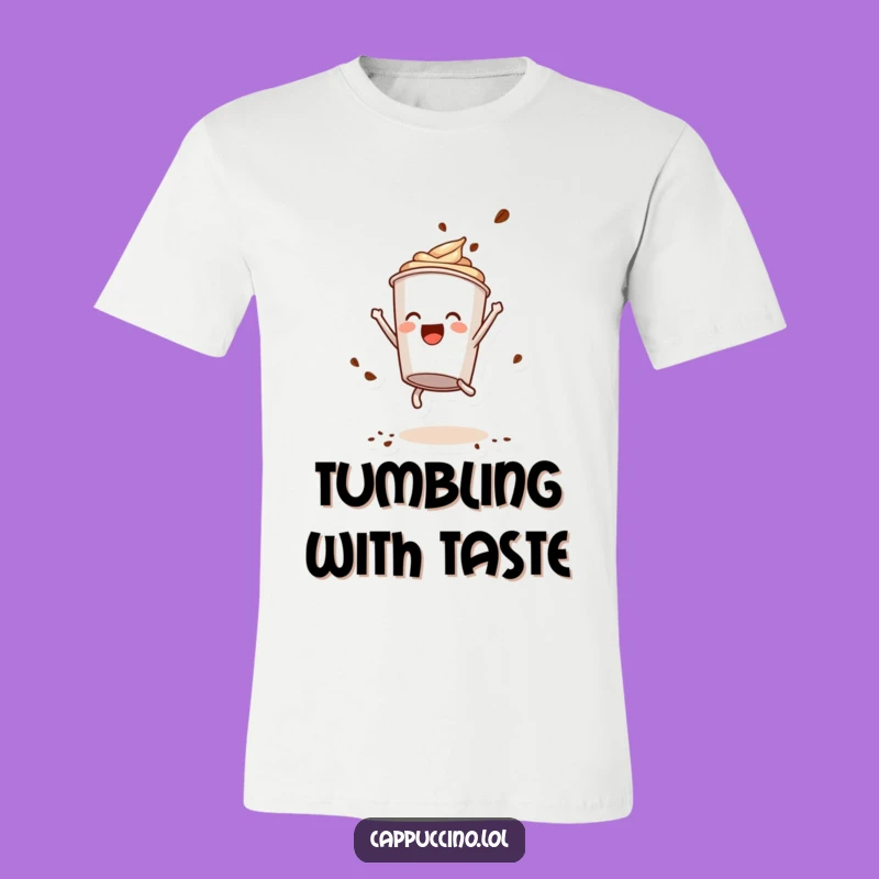 Funny Somersault T-Shirt: Energetic Cappuccino Cup Character Coffee Powder Flying Tee