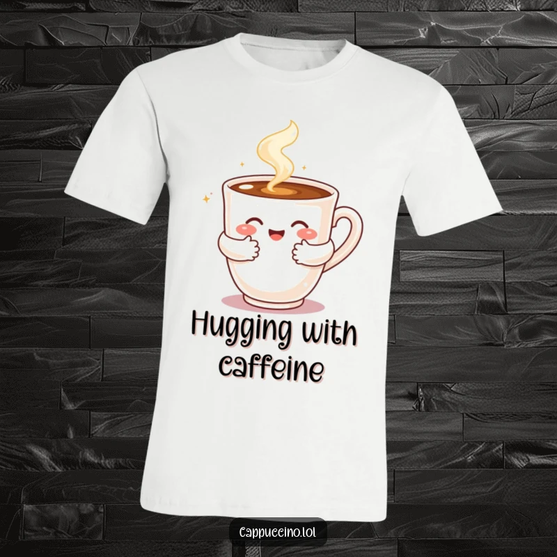 Funny t-shirt depicting a steaming cappuccino cup character embracing the viewer with a warm, bubbly hug using its arms.