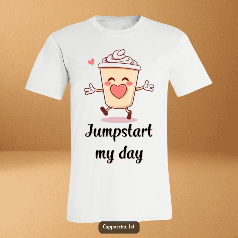 Funny T-Shirt: A cheerful cappuccino cup character with a foam heart, doing energetic jumping jacks, a burst of morning joy.
