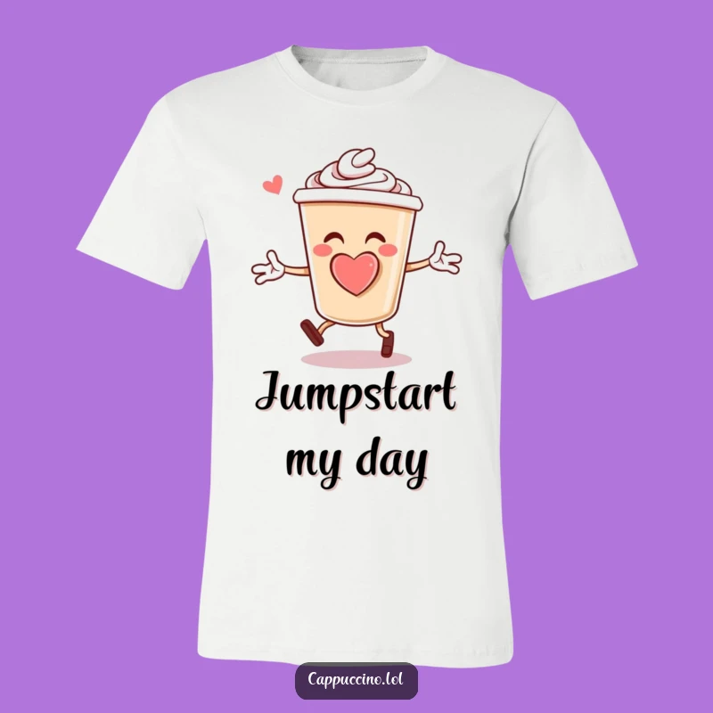 Funny Cappuccino Jumping Jacks T-Shirt: Energetic Coffee Cup Character Foam Heart Tee