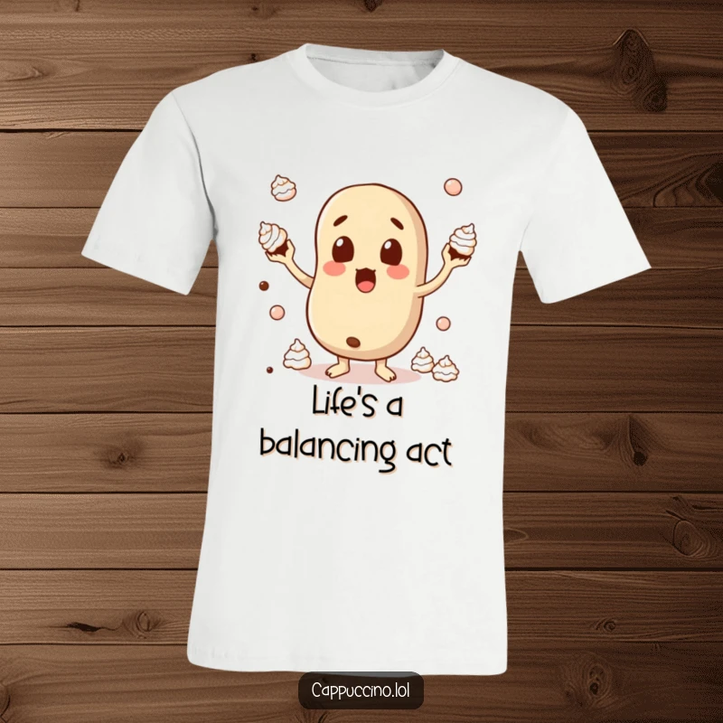 Funny T-Shirt depicting a startled coffee bean character in the midst of a precarious whipped cream juggling act.
