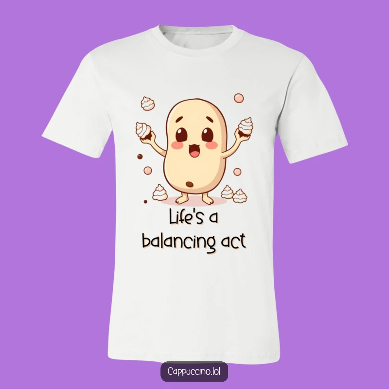 Funny Surprised Bean T-Shirt: Juggling Cream Coffee Character Tee - Gift