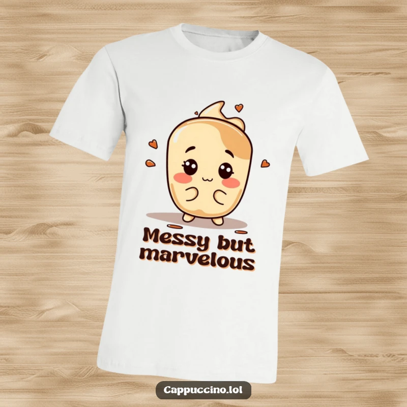 Funny espresso stain t-shirt, playful character making silly faces, coffee lover humor, great funny gift idea.