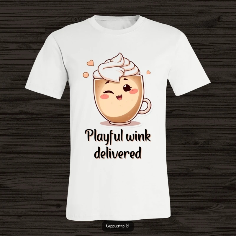 Funny t-shirt depicting a smiling cappuccino art swirl character giving a playful wink, full of personality and charm.