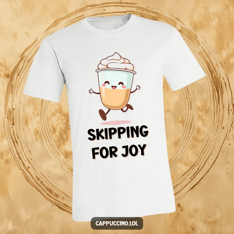 Funny t-shirt showcasing a cheerful cappuccino cup character with legs performing a silly, joyful skip, full of energy.