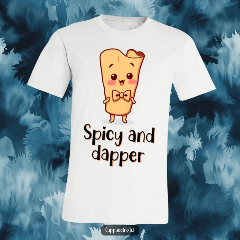 Funny T-Shirt depicts a silly cinnamon stick character, dressed in a tiny bowtie, wiggling with infectious energy.