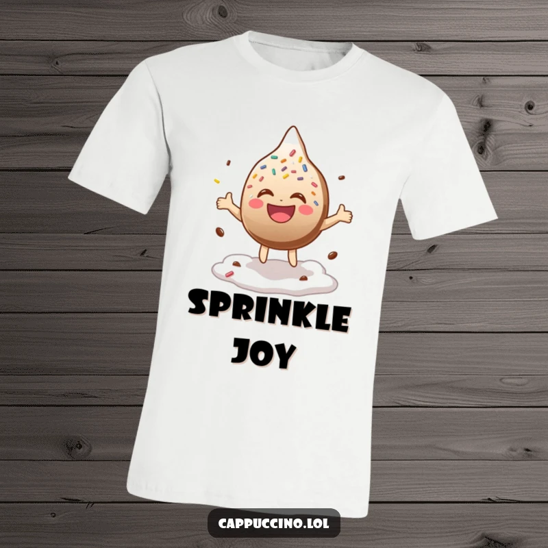 Funny T-Shirt featuring a laughing chocolate sprinkle character in mid-bounce on coffee foam, showcasing energetic fun.