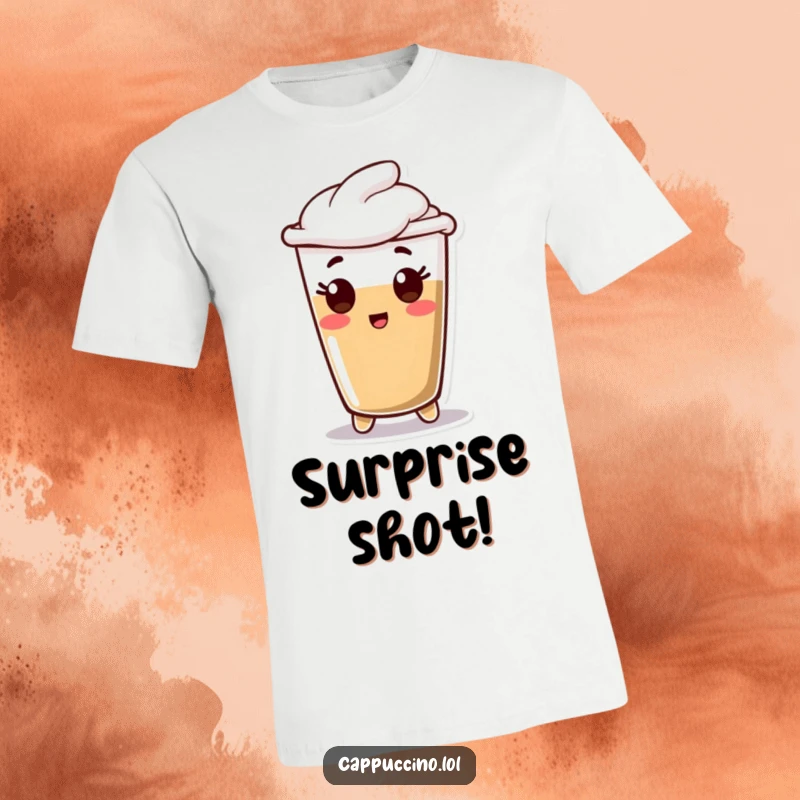 Funny T-Shirt with a happy espresso shot character expressing utter surprise, perfect for those who love unexpected fun.
