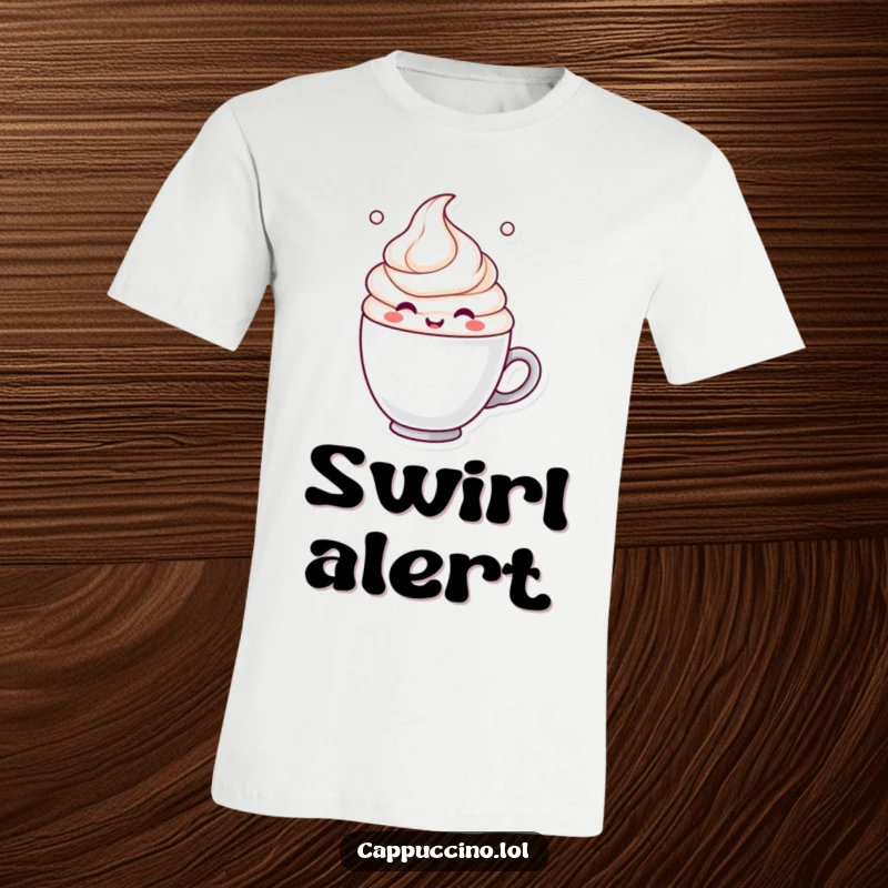 Funny T-Shirt with a cheerful milk froth character in mid-swirl in a coffee cup, showcasing a happy, energetic vibe.
