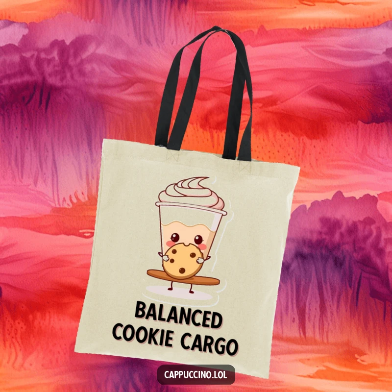 Funny cappuccino cup character balancing a cookie, perfect for a stylish and humorous tote bag.