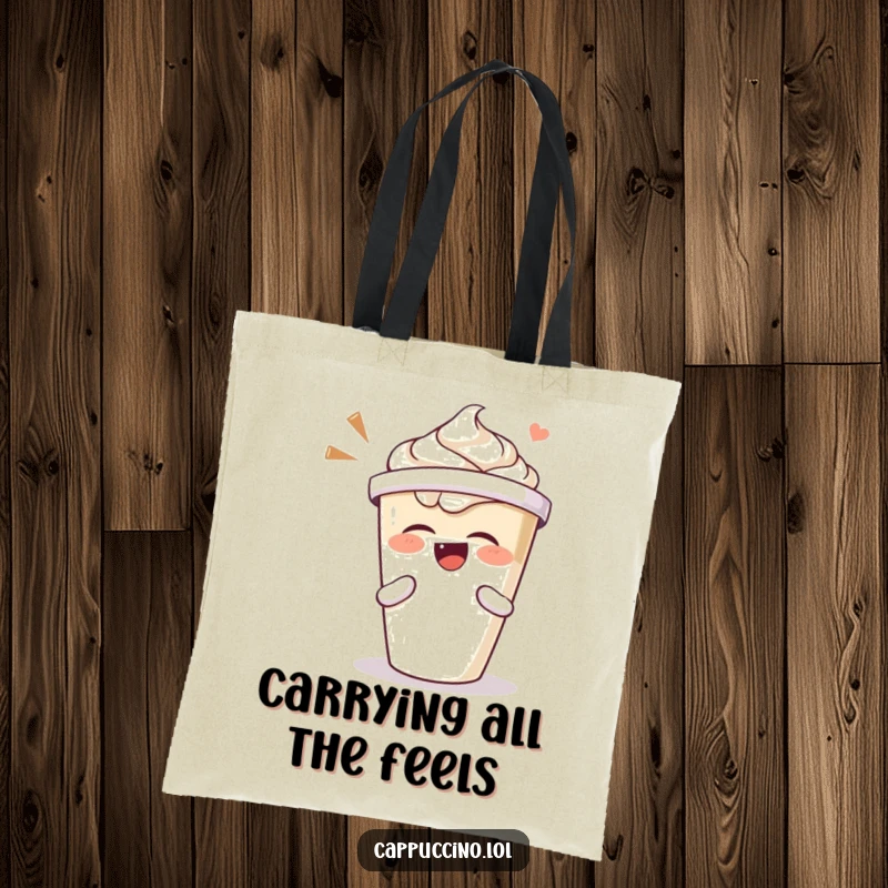 Funny tote bag with a cappuccino cup character laughing so hard its lid is visibly shaking with joy.