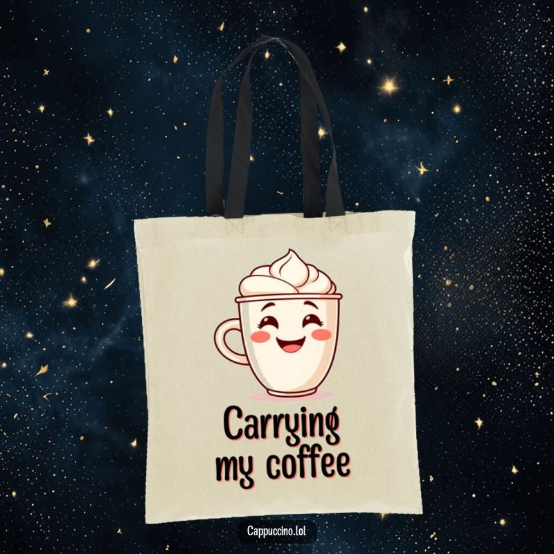 Funny tote bag with a grinning cappuccino cup character and a foam swirl cheering, perfect for carrying coffee and daily items.