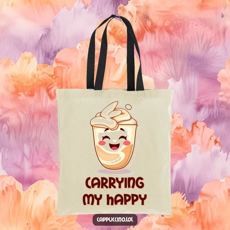 Funny cappuccino swirl tote bag, character morphing into a laughing face, practical and stylish, excellent funny gift.