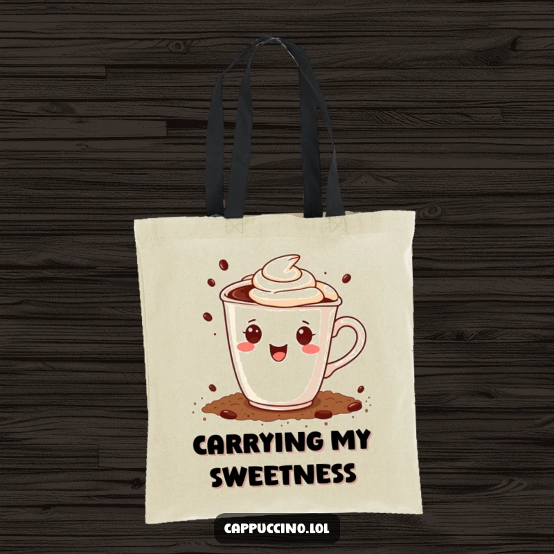 Funny tote bag with a happy cappuccino cup character joyfully sprinkling cocoa powder, perfect for carrying goodies.