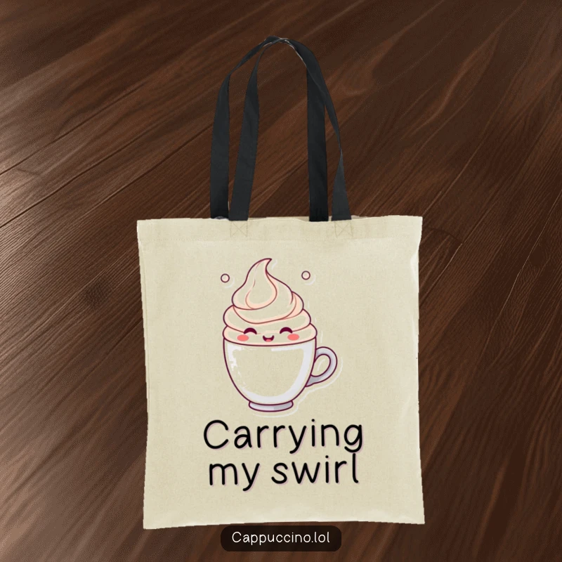 Funny Tote Bag with a cheerful milk froth character in a dynamic swirl inside a cup, perfect for carrying groceries with humor.