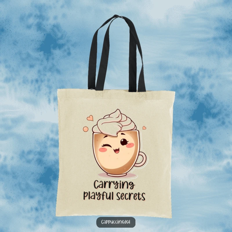 Funny tote bag with a smiling cappuccino art swirl character winking playfully, perfect for carrying essentials with flair.