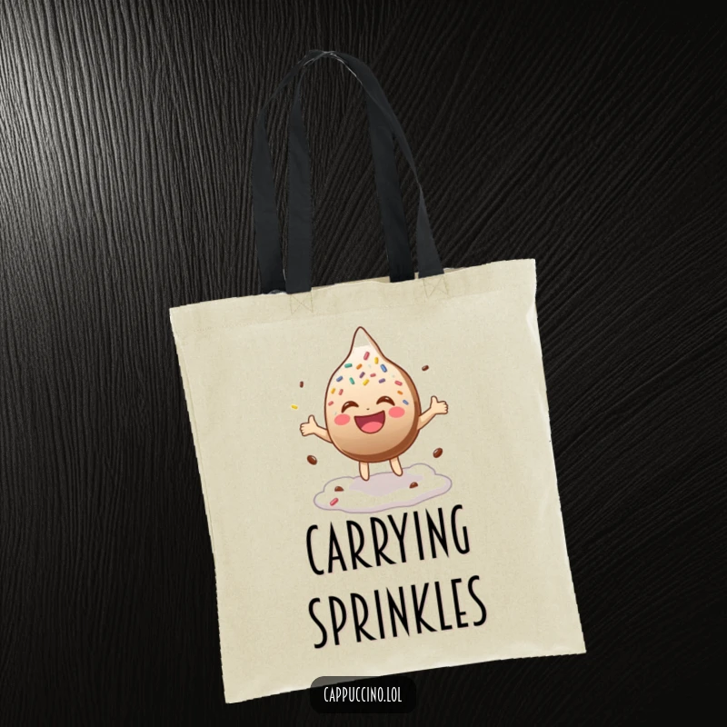 Funny Tote Bag with a laughing chocolate sprinkle character bouncing energetically on coffee foam, perfect for carrying goods with humor.