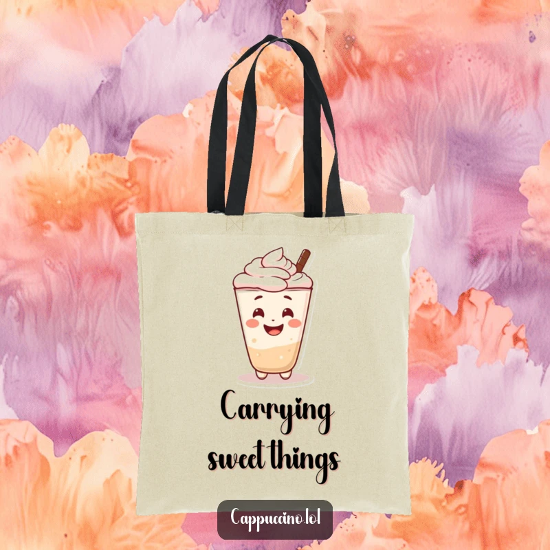 Funny tote bag with a cheerful cappuccino foam character smiling broadly. Cute and practical.