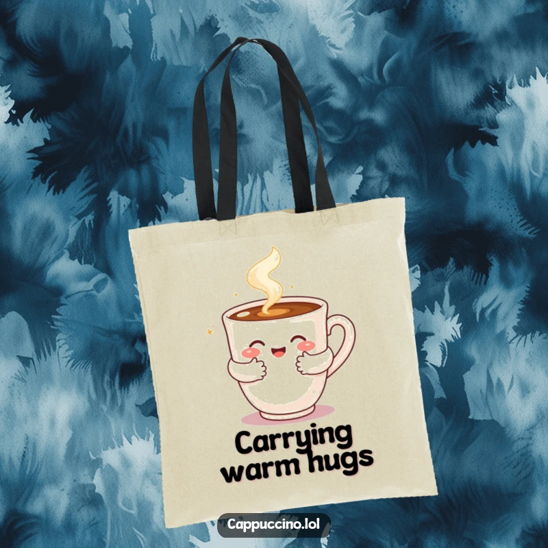 Funny tote bag with a steaming cappuccino cup character giving a warm, bubbly hug, perfect for carrying essentials.