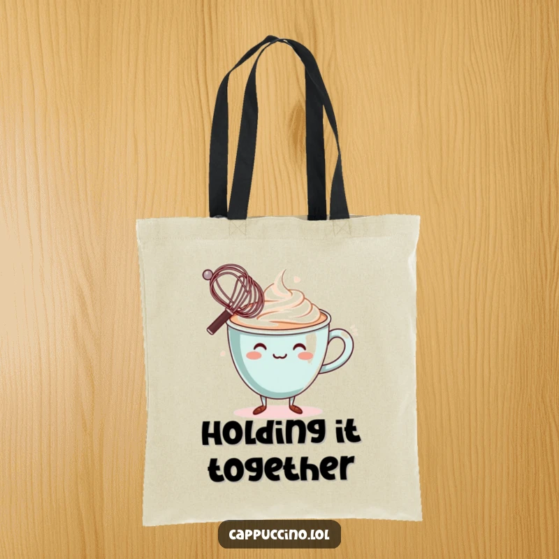 Funny Tote Bag: Wobbly cappuccino cup character, balancing a miniature whisk on its rim, perfect for stylish carrying.